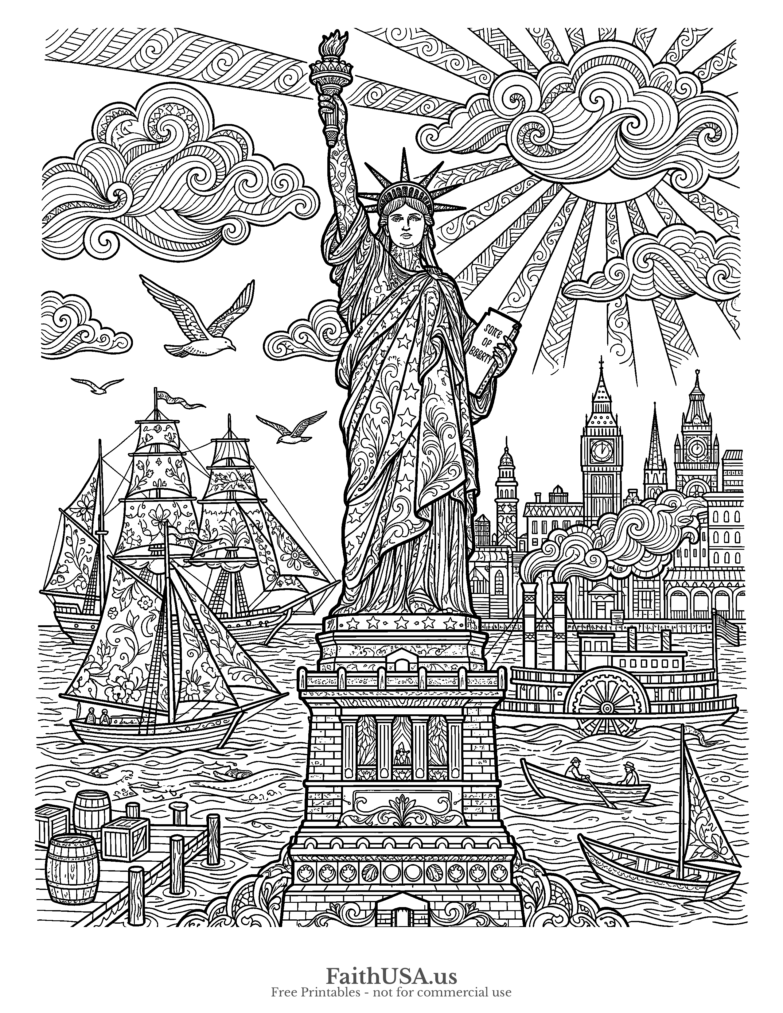 Free printable detailed Statue of Liberty statue of liberty vintage engraving coloring page PDF for older students, adults, American history, and civics lessons