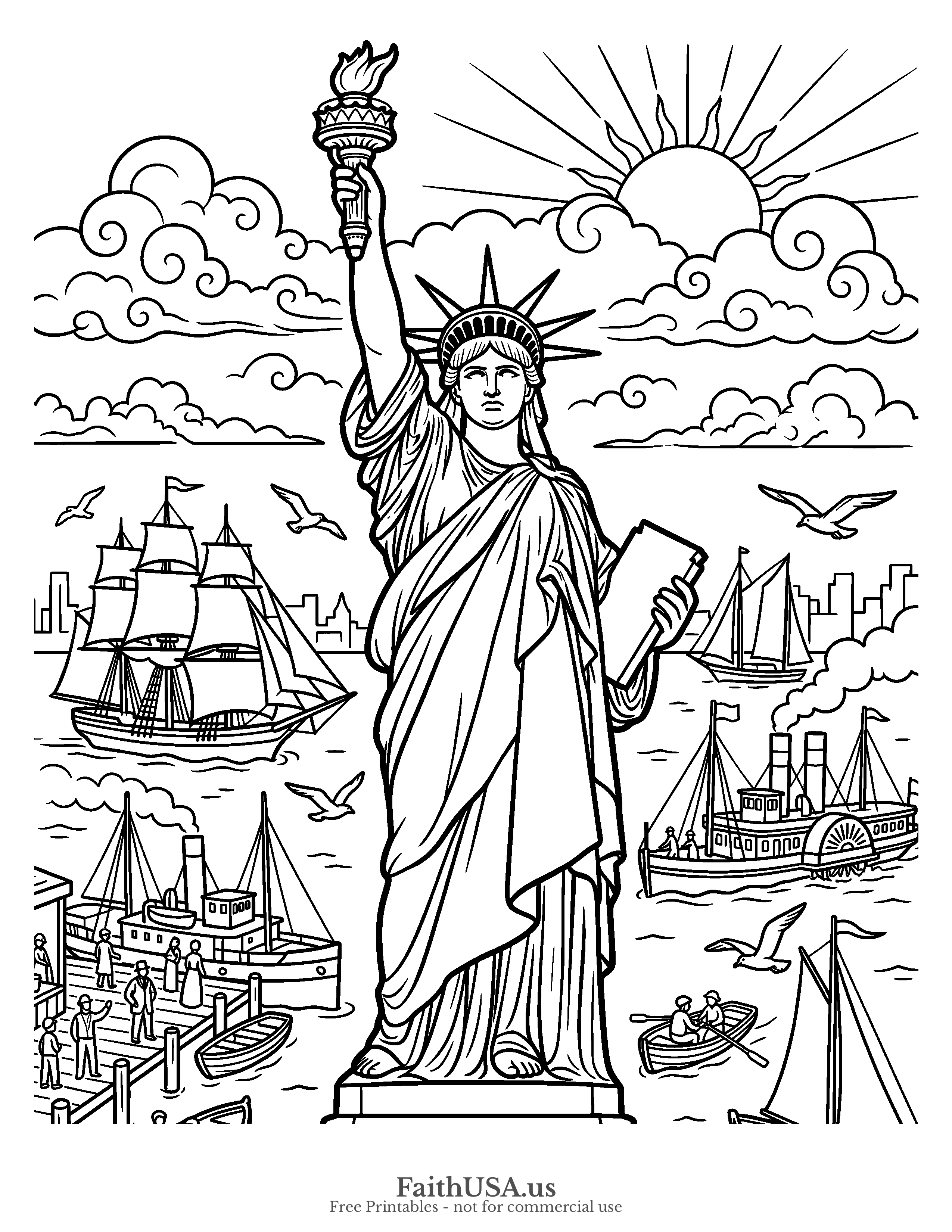 Free printable simple Statue of Liberty statue of liberty vintage engraving coloring page PDF for kids, American symbols units, and patriotic packets