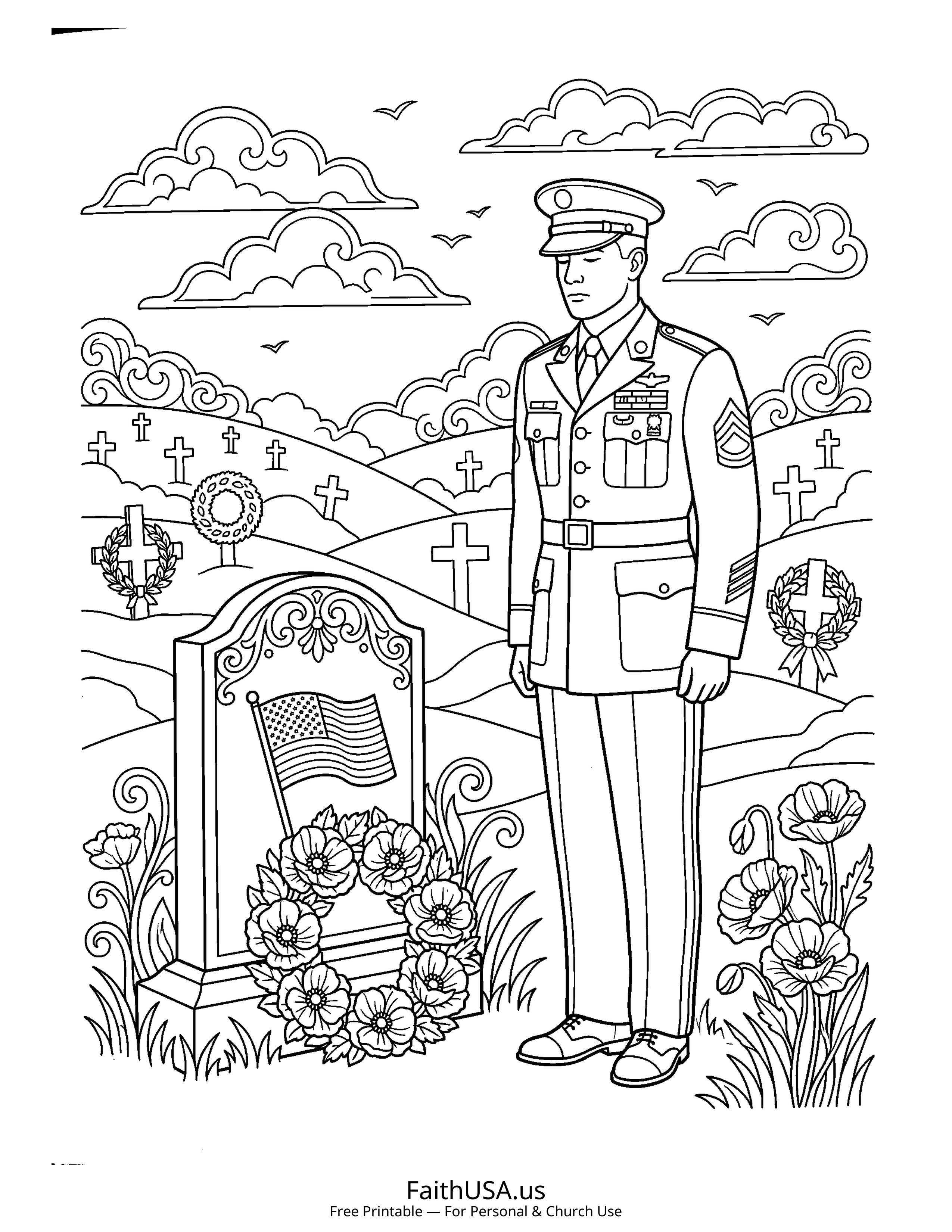 Free printable detailed Veterans Day soldier salute coloring page PDF for Veterans Day appreciation lessons