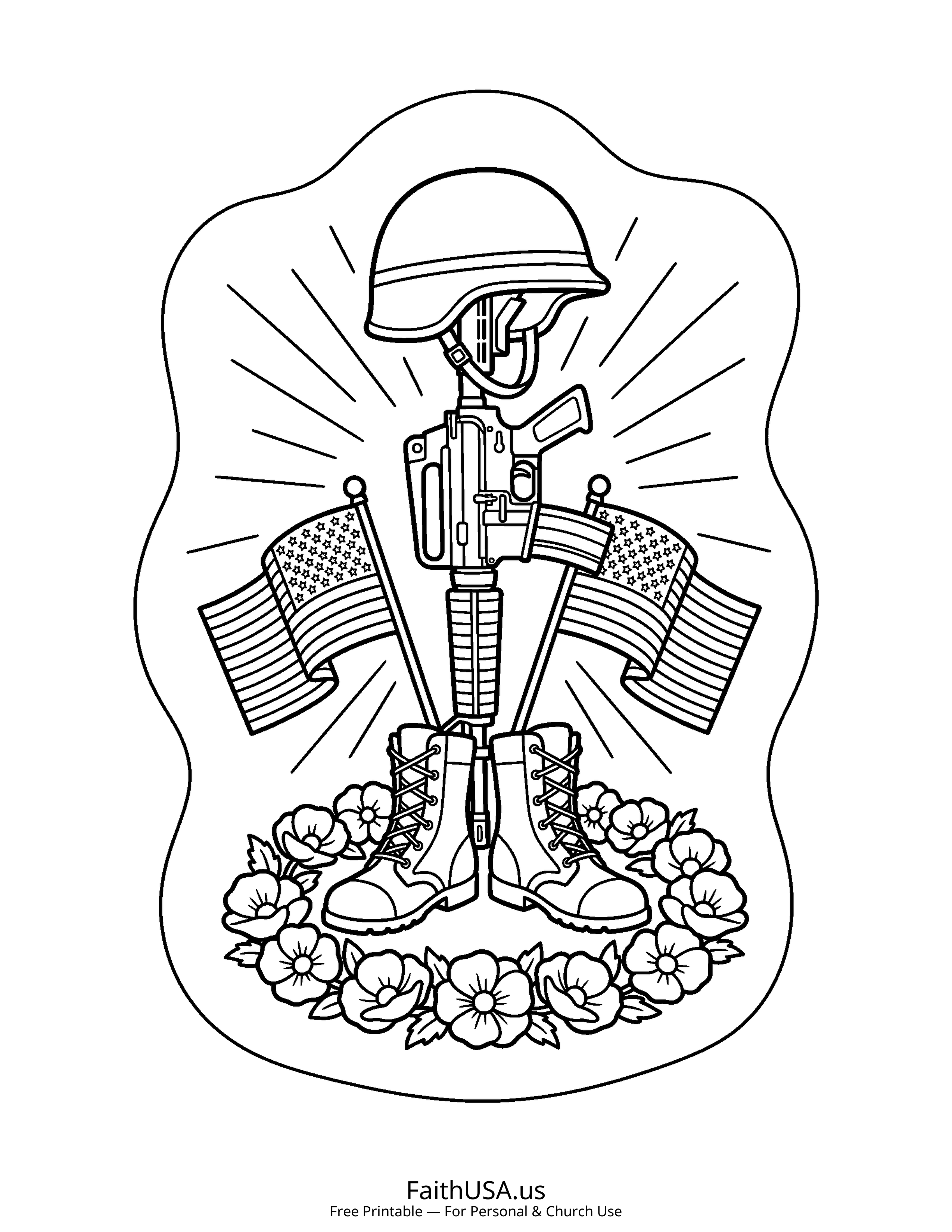 Free printable simple battlefield cross memorial coloring page PDF for Memorial Day and Veterans Day lessons