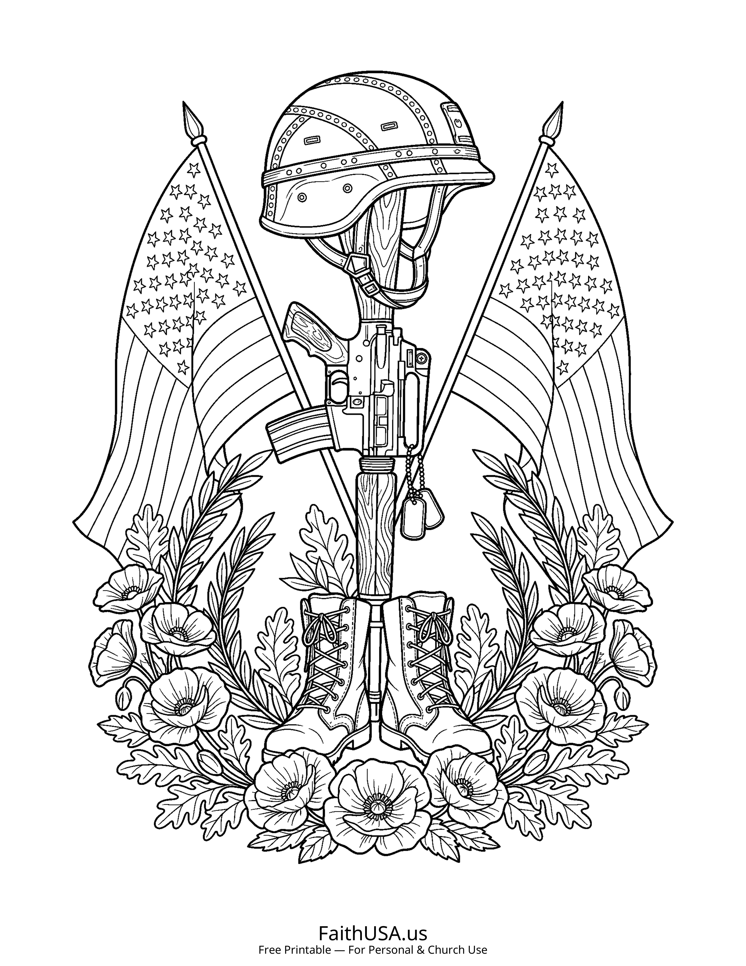 Free printable detailed battlefield cross memorial coloring page PDF for Memorial Day and Veterans Day lessons