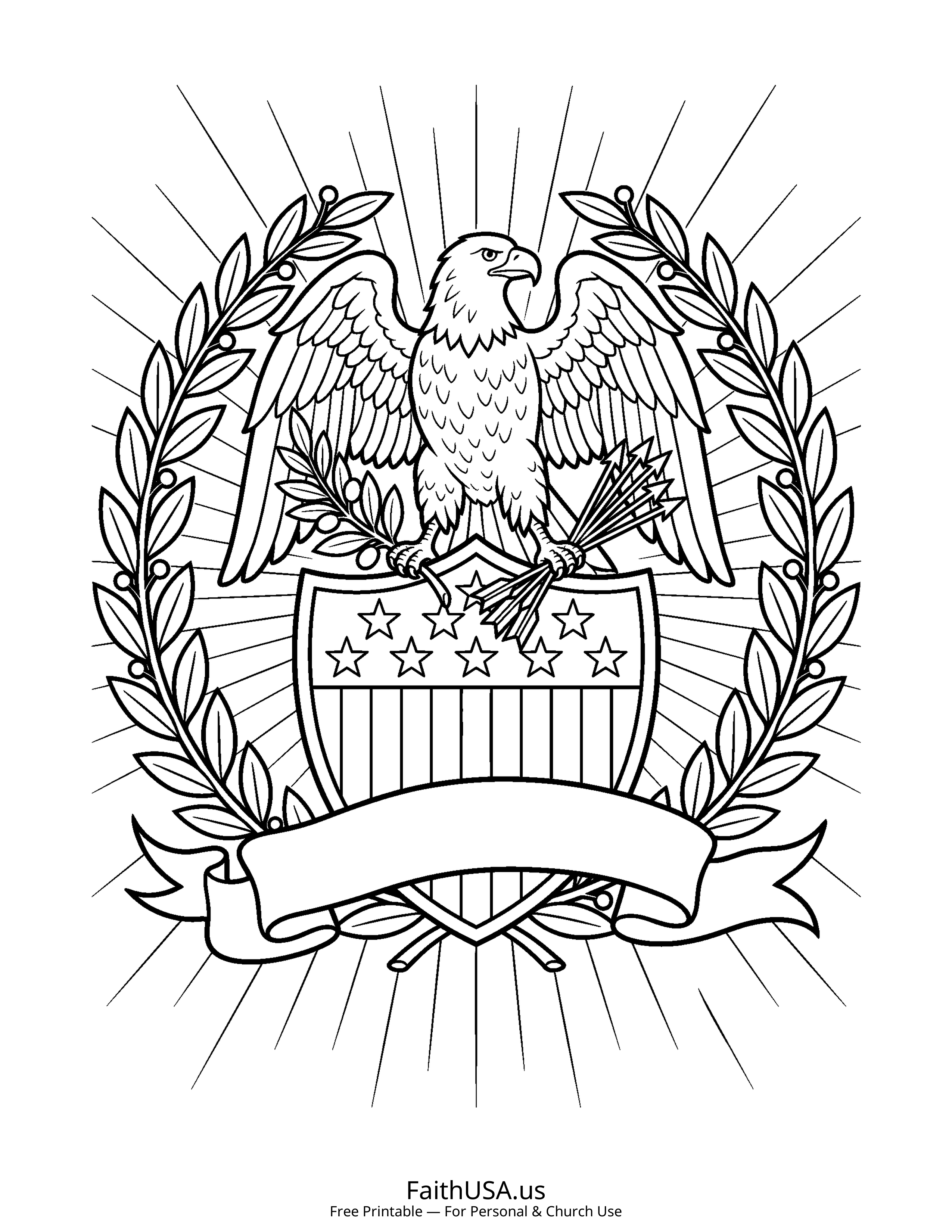 Free printable simple eagle and shield coloring page PDF for Veterans Day appreciation lessons