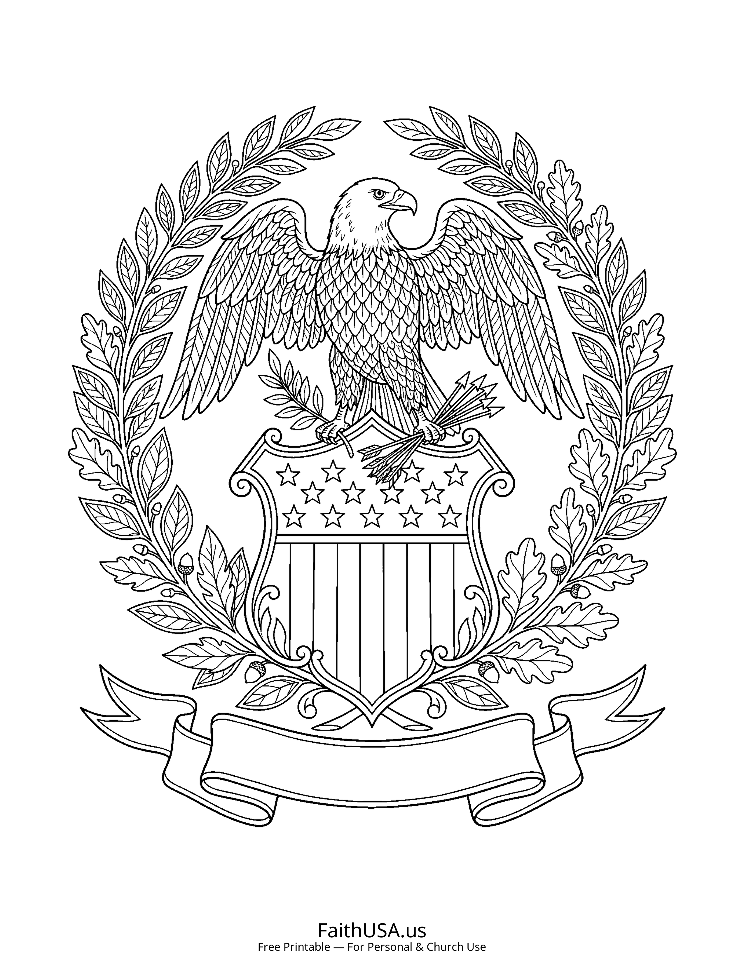 Free printable detailed eagle and shield coloring page PDF for Veterans Day appreciation lessons