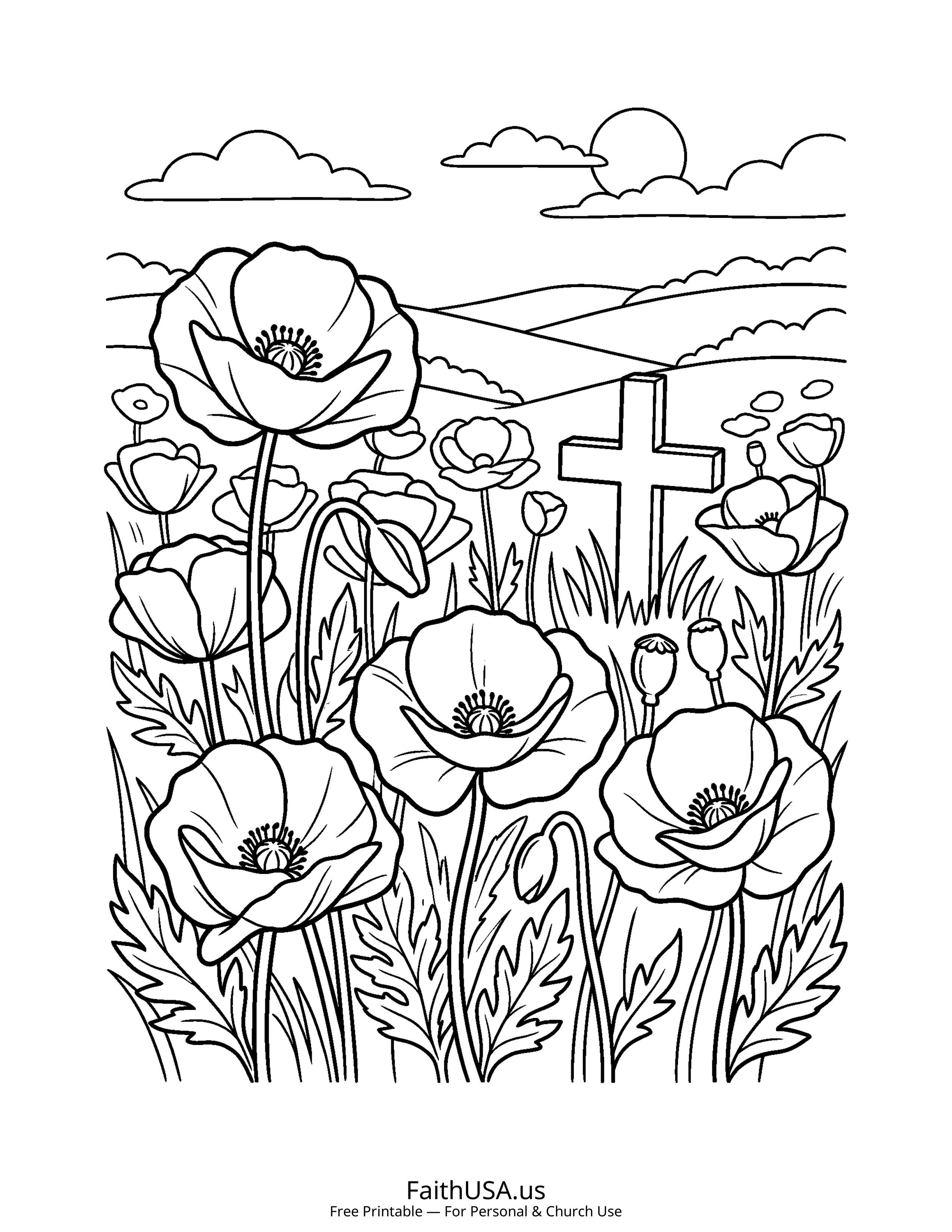 Free printable simple remembrance poppies coloring page PDF for Veterans Day appreciation lessons