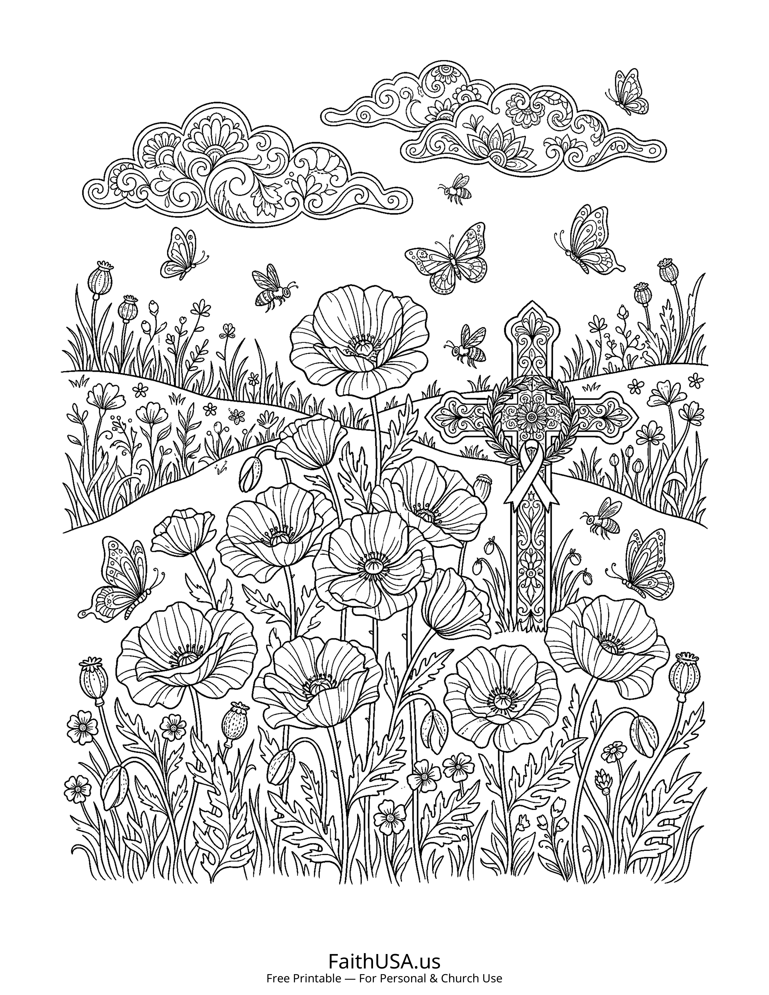 Free printable detailed remembrance poppies coloring page PDF for Veterans Day appreciation lessons