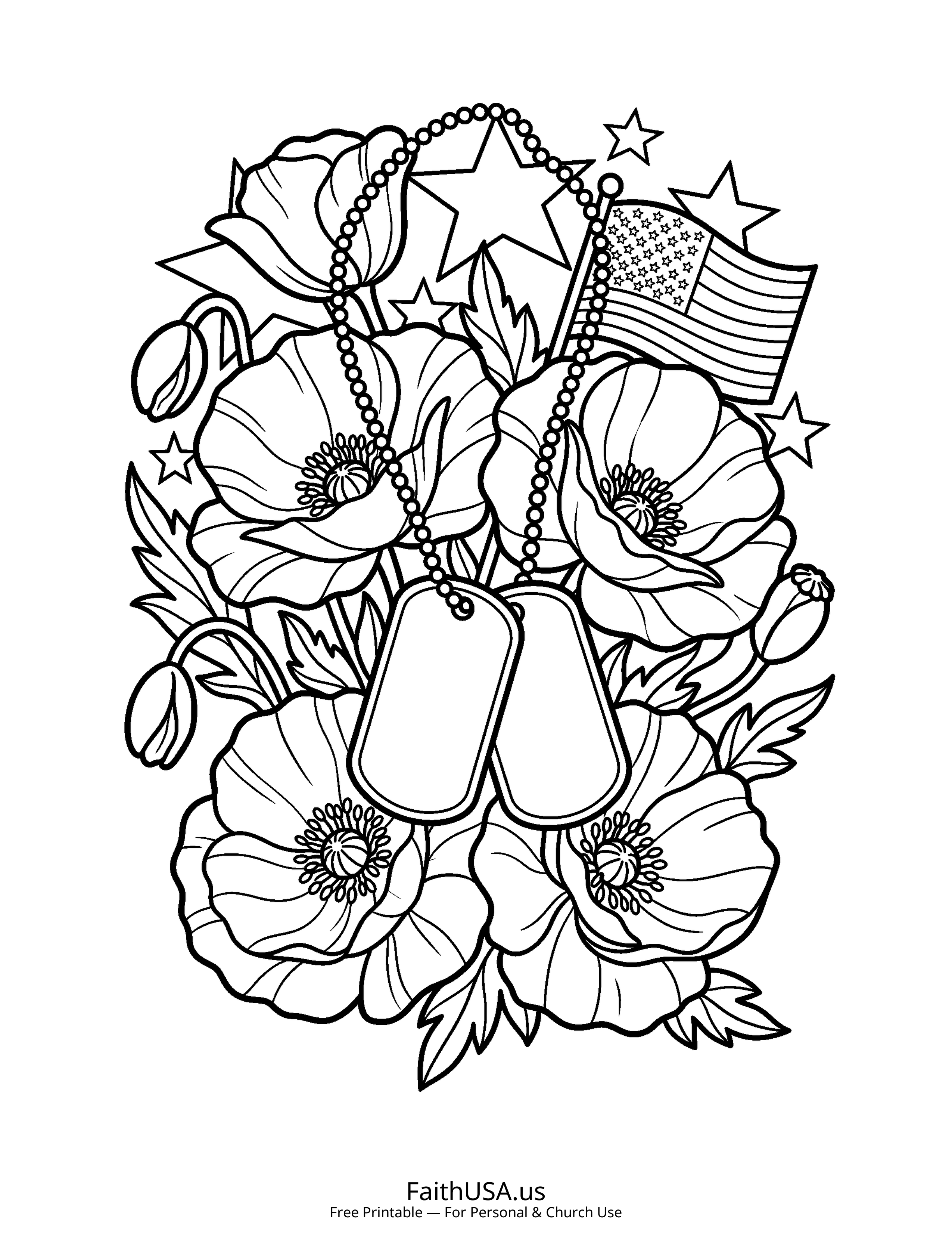Free printable simple dog tags and poppies coloring page PDF for Veterans Day appreciation lessons