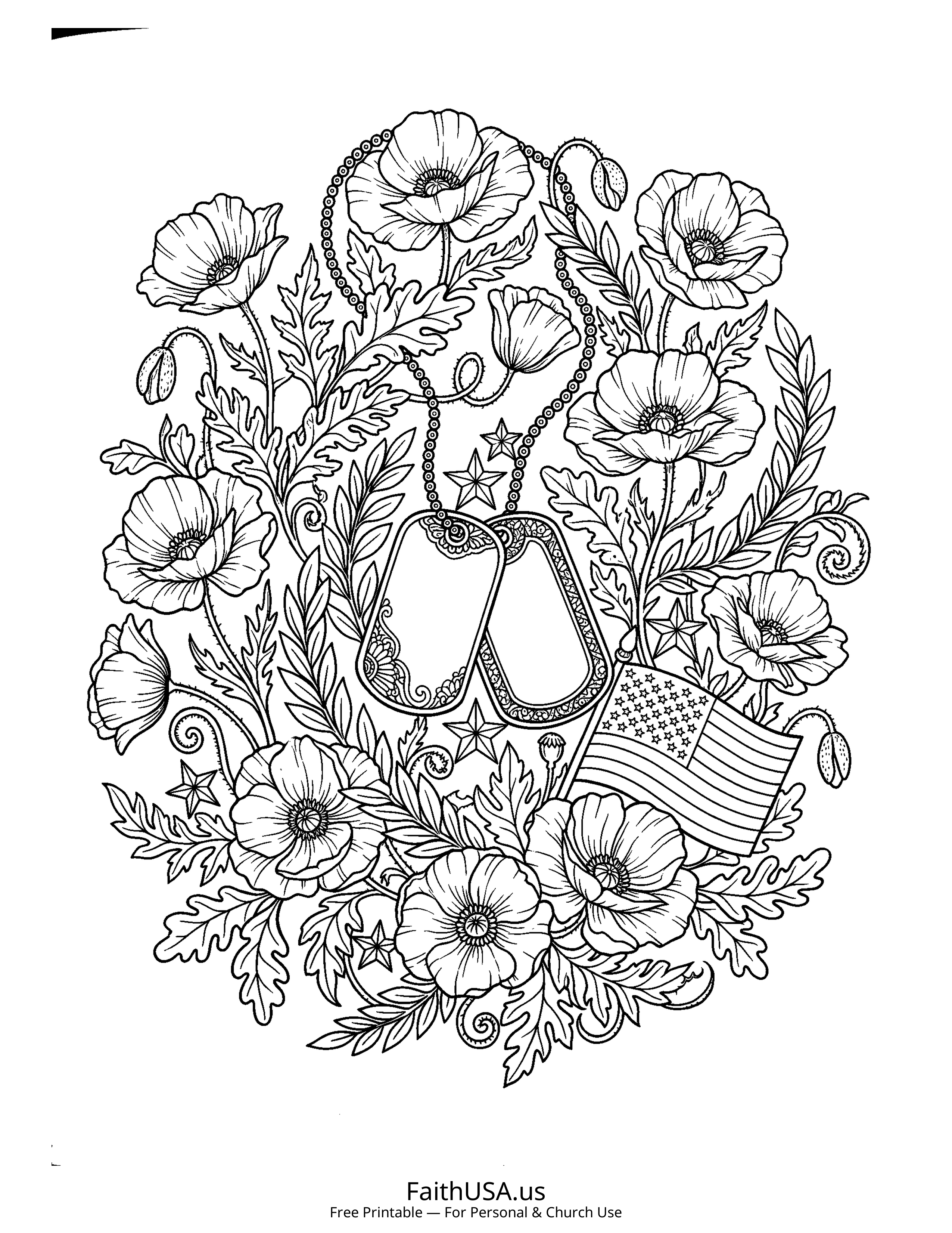 Free printable detailed dog tags and poppies coloring page PDF for Veterans Day appreciation lessons