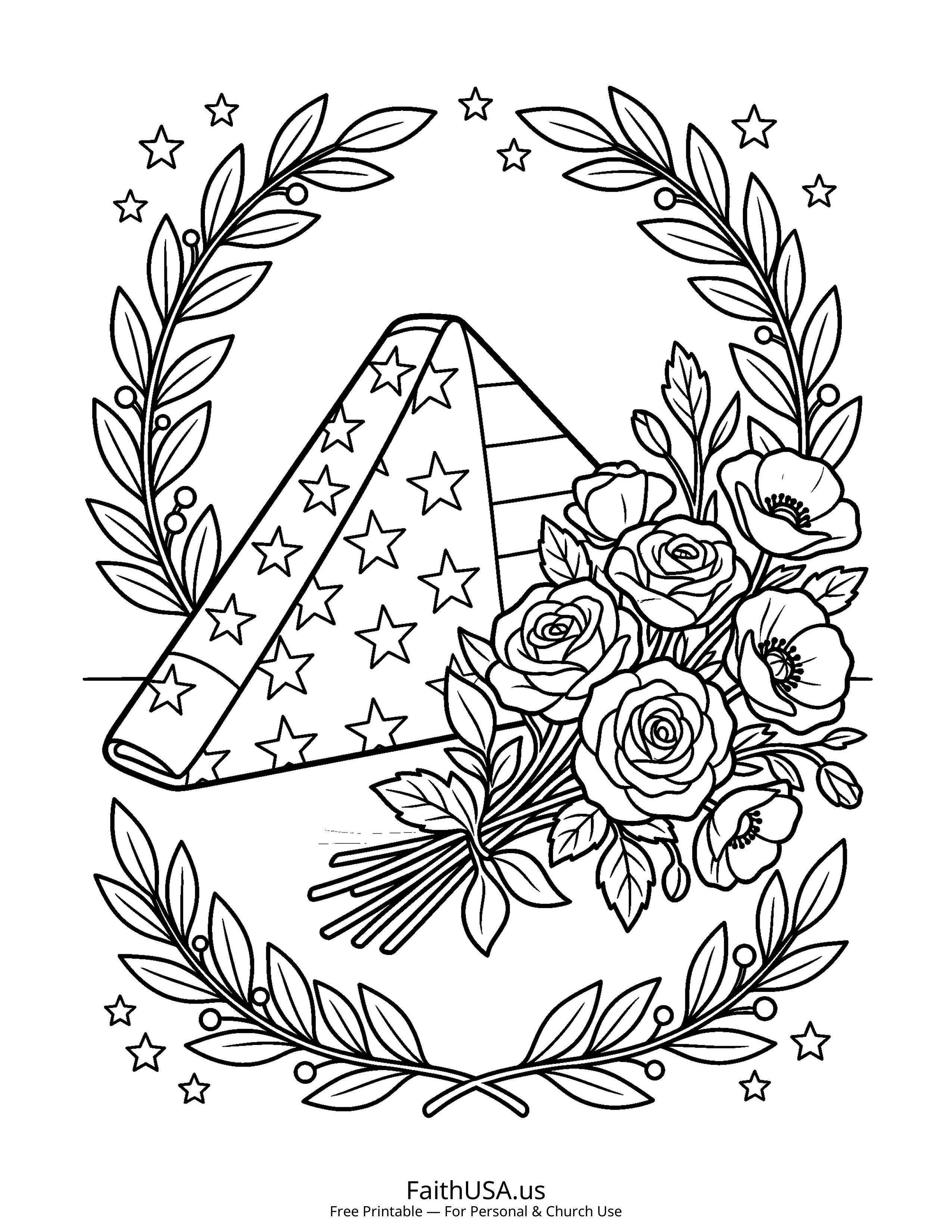 Free printable simple folded American flag coloring page PDF for Memorial Day and Veterans Day lessons