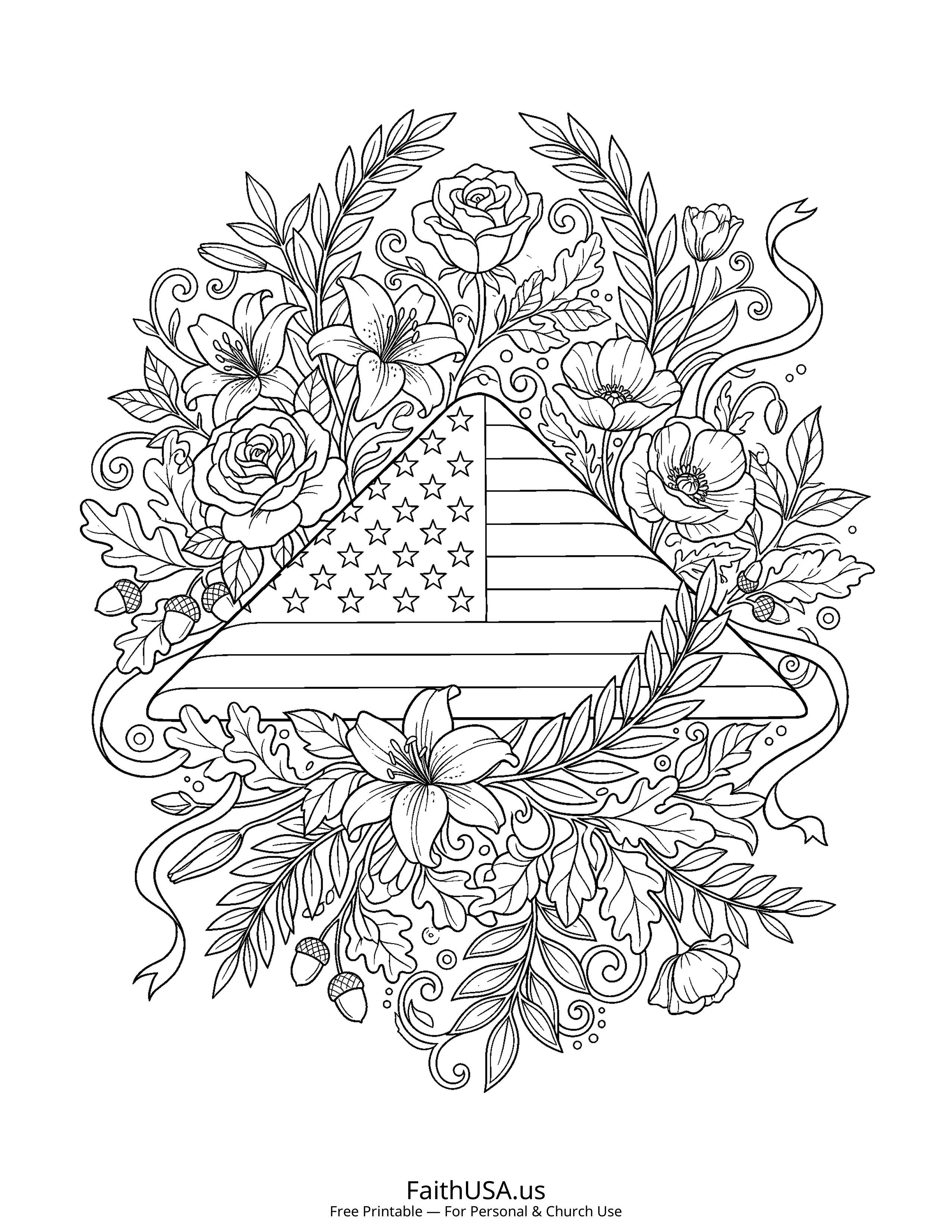 Free printable detailed folded American flag coloring page PDF for Memorial Day and Veterans Day lessons