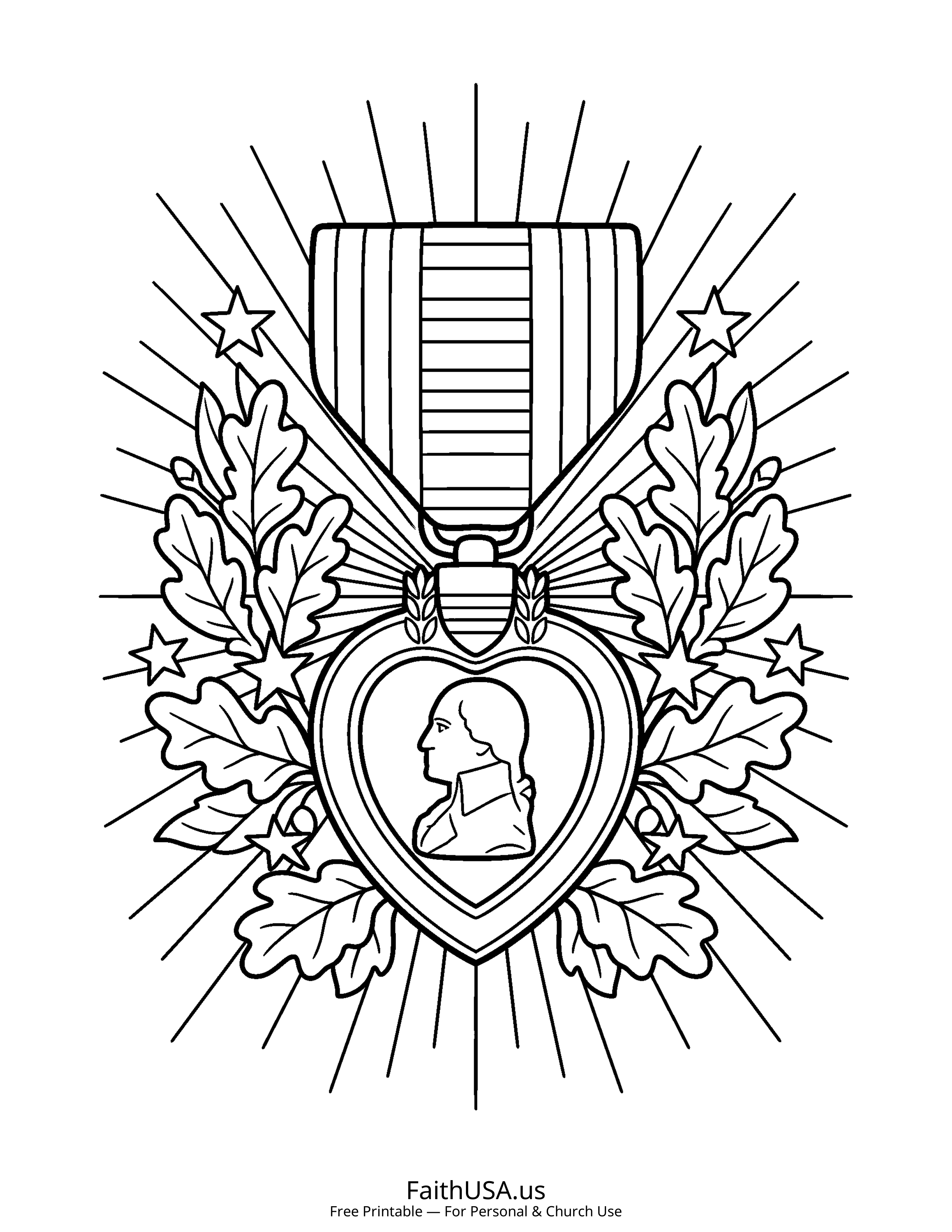 Free printable simple Purple Heart medal coloring page PDF for Veterans Day appreciation lessons
