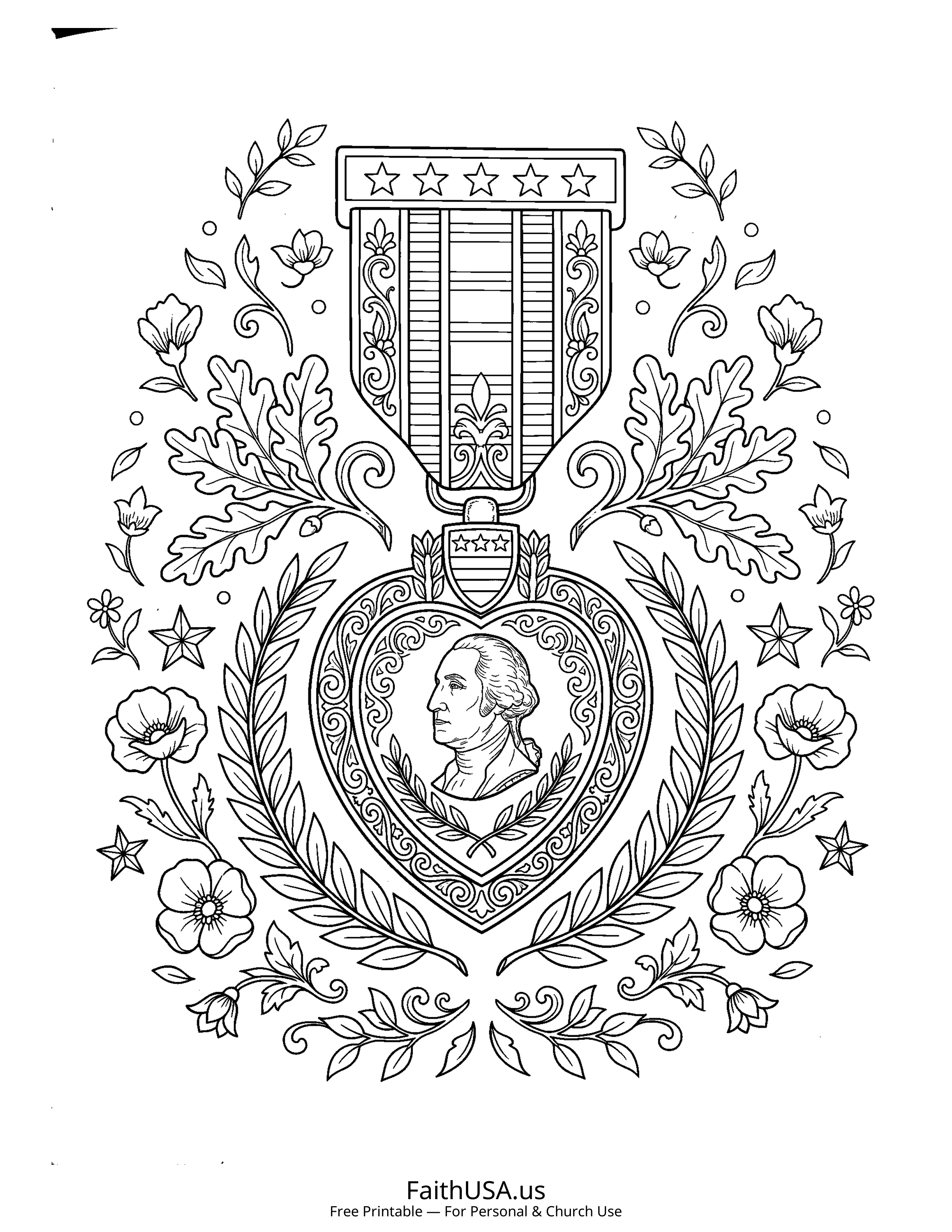 Free printable detailed Purple Heart medal coloring page PDF for Veterans Day appreciation lessons