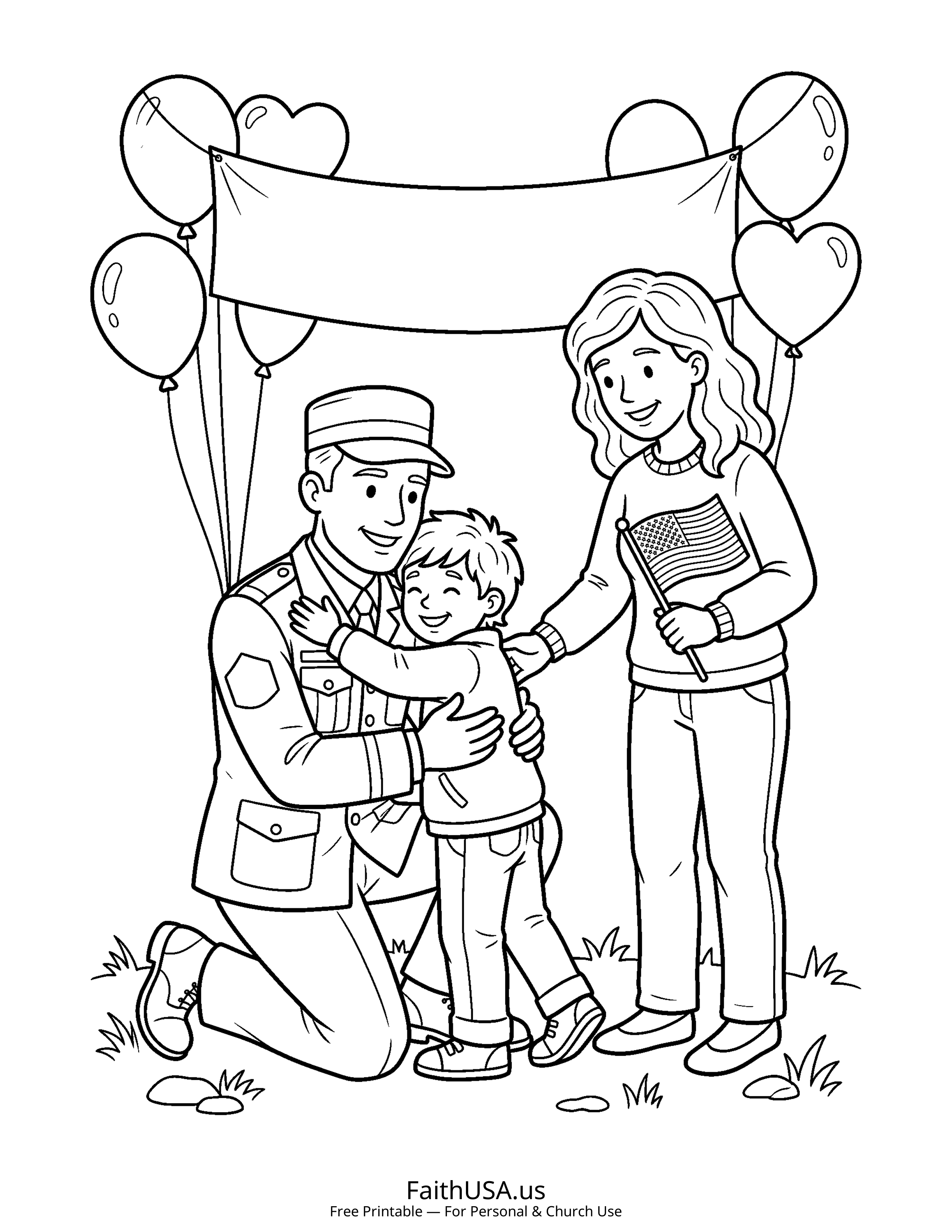 Free printable simple military family reunion coloring page PDF for Veterans Day appreciation lessons