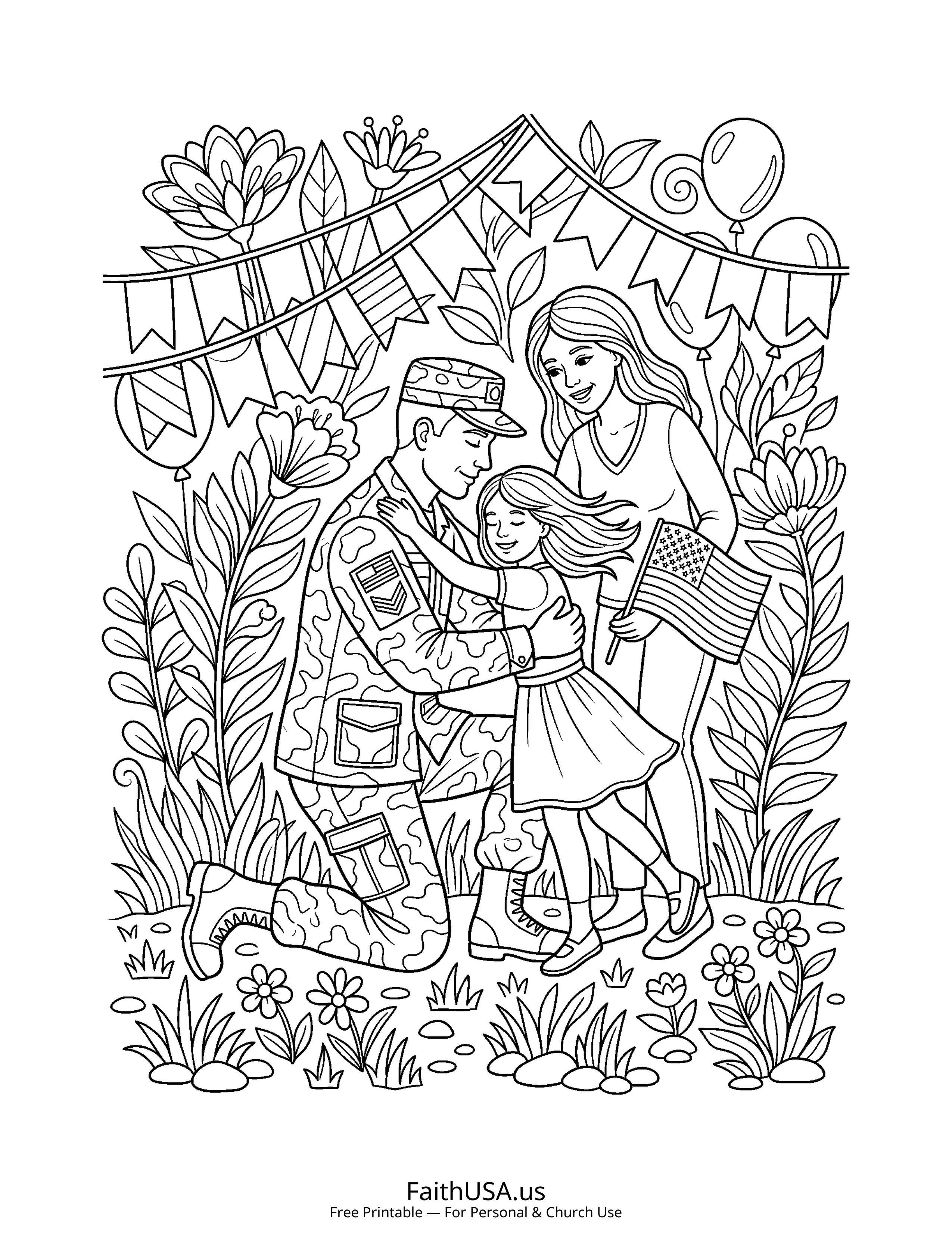 Free printable detailed military family reunion coloring page PDF for Veterans Day appreciation lessons