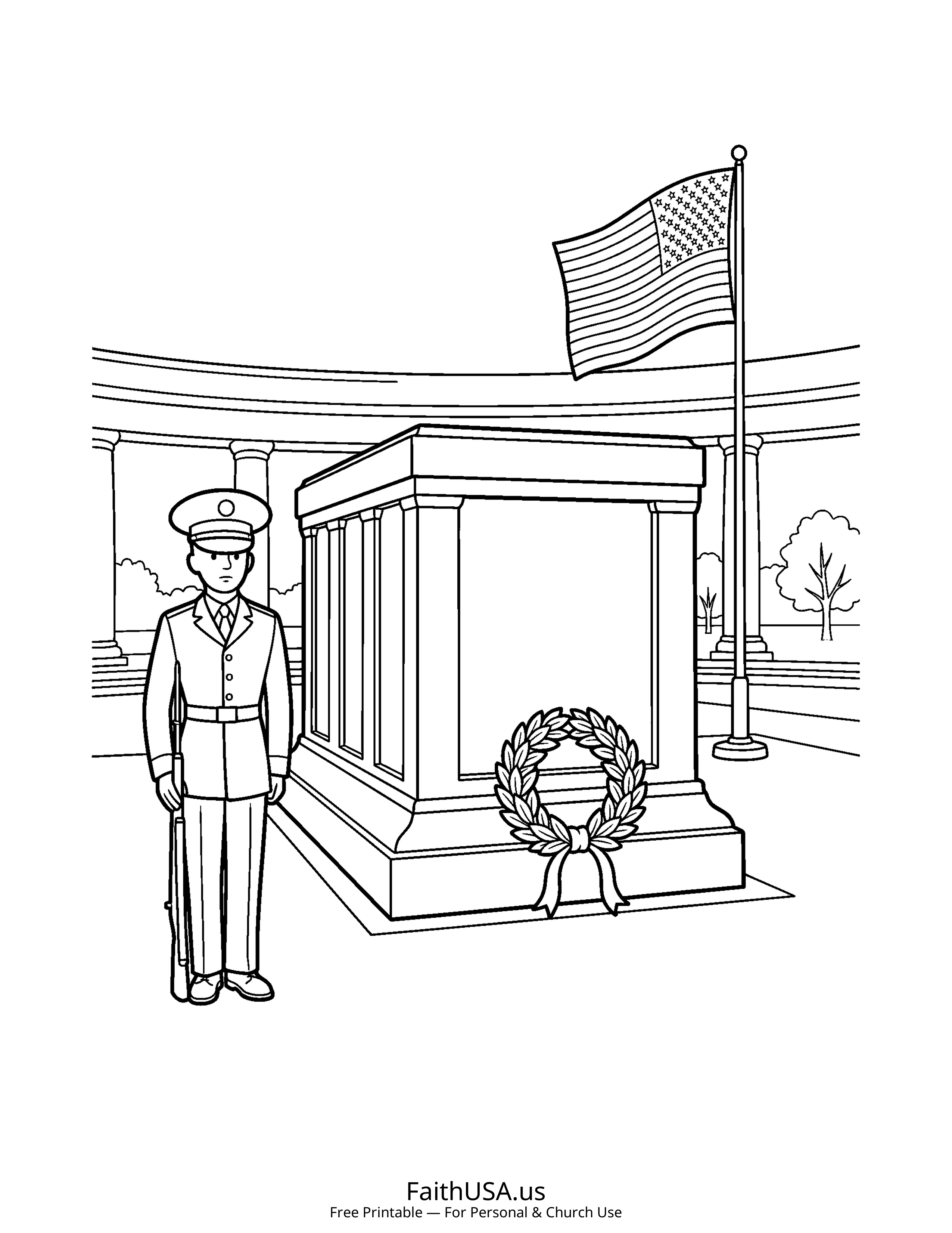 Free printable simple Tomb of the Unknown Soldier coloring page PDF for Memorial Day and Veterans Day lessons