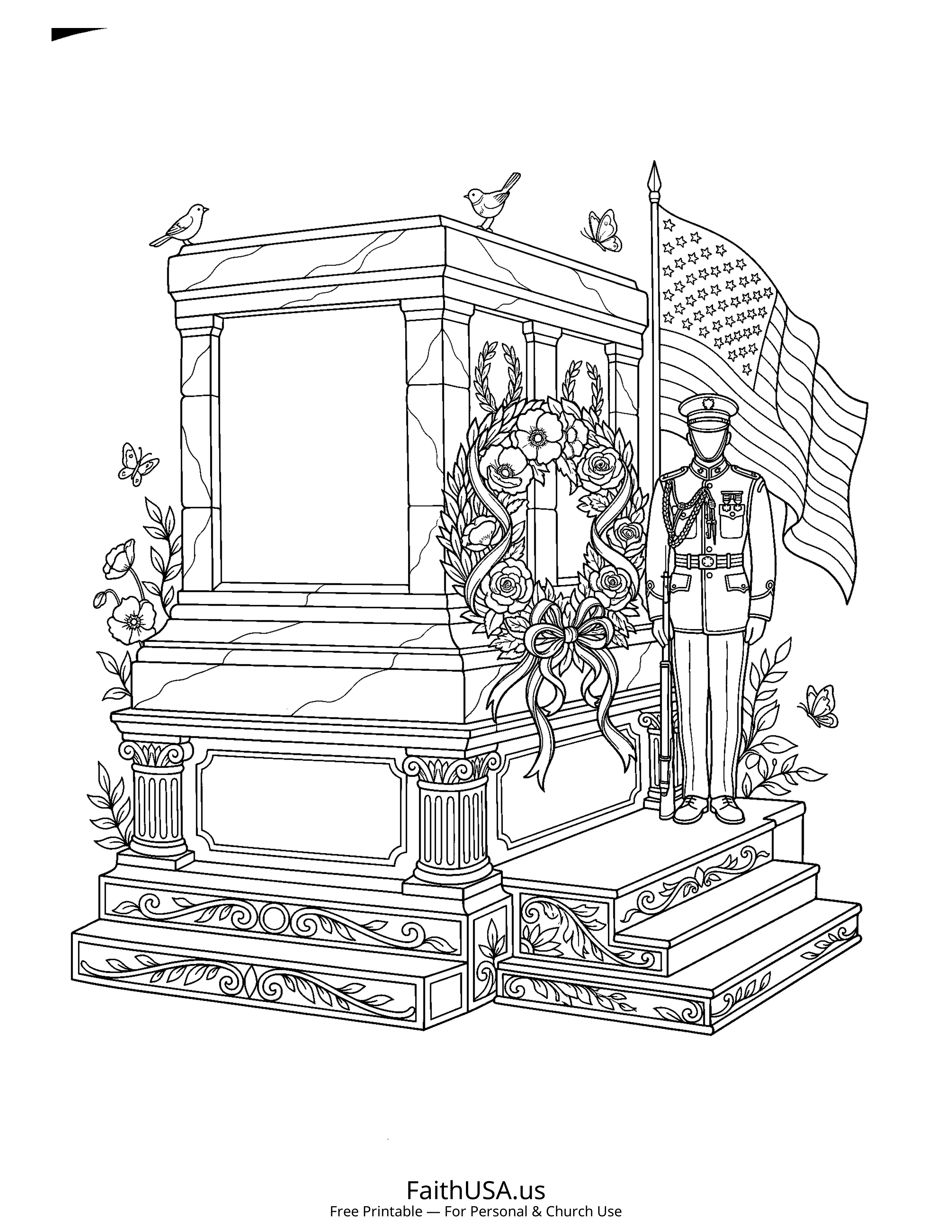 Free printable detailed Tomb of the Unknown Soldier coloring page PDF for Memorial Day and Veterans Day lessons