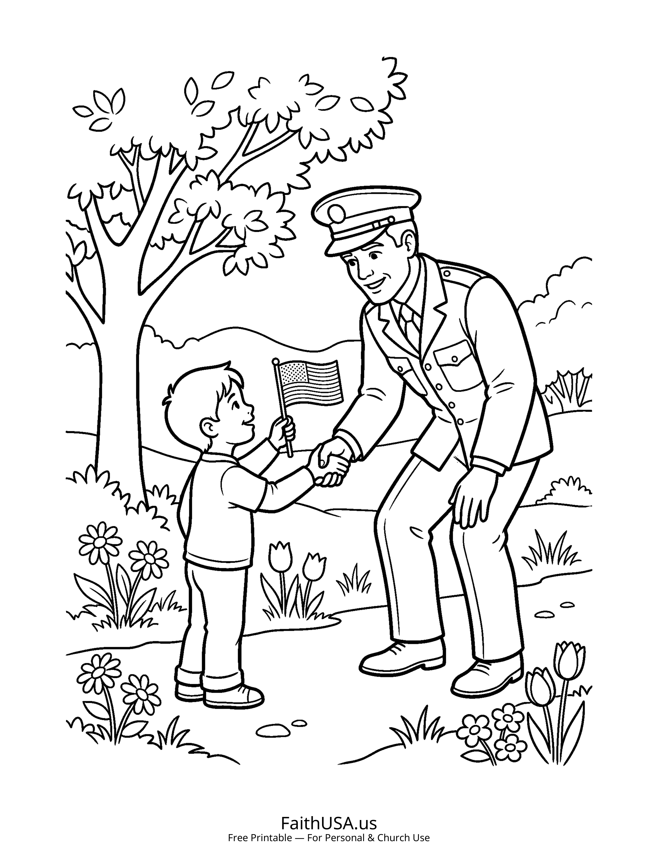 Free printable simple veteran and child coloring page PDF for Veterans Day appreciation lessons