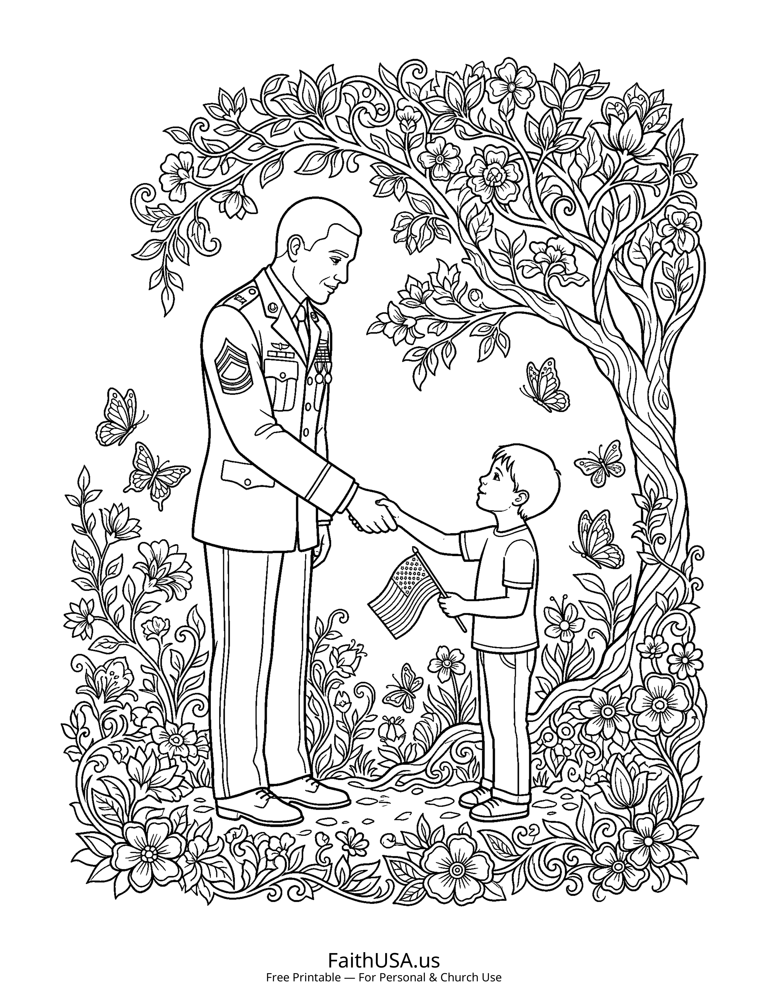 Free printable detailed veteran and child coloring page PDF for Veterans Day appreciation lessons
