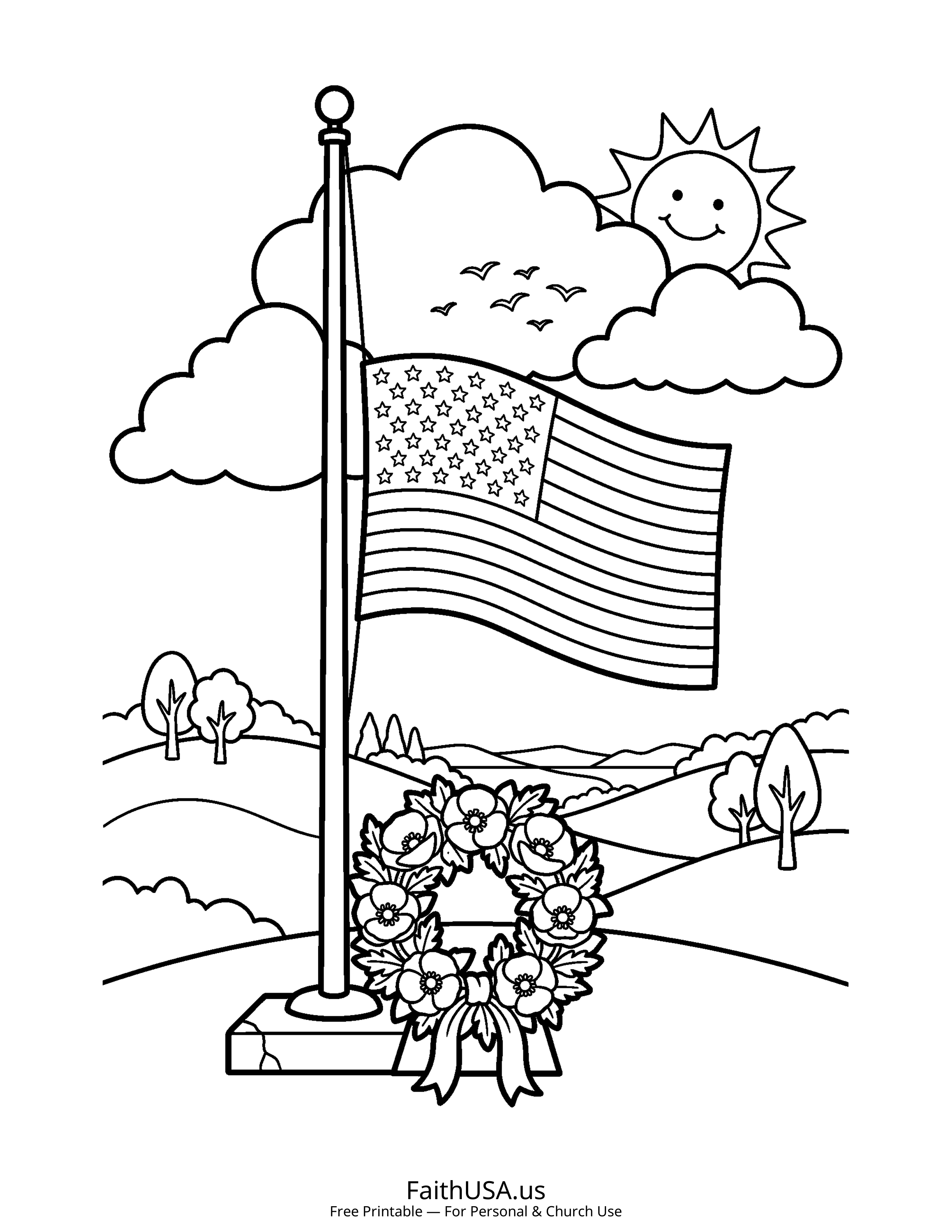 Free printable simple American flag at half-mast coloring page PDF for Memorial Day and Veterans Day lessons