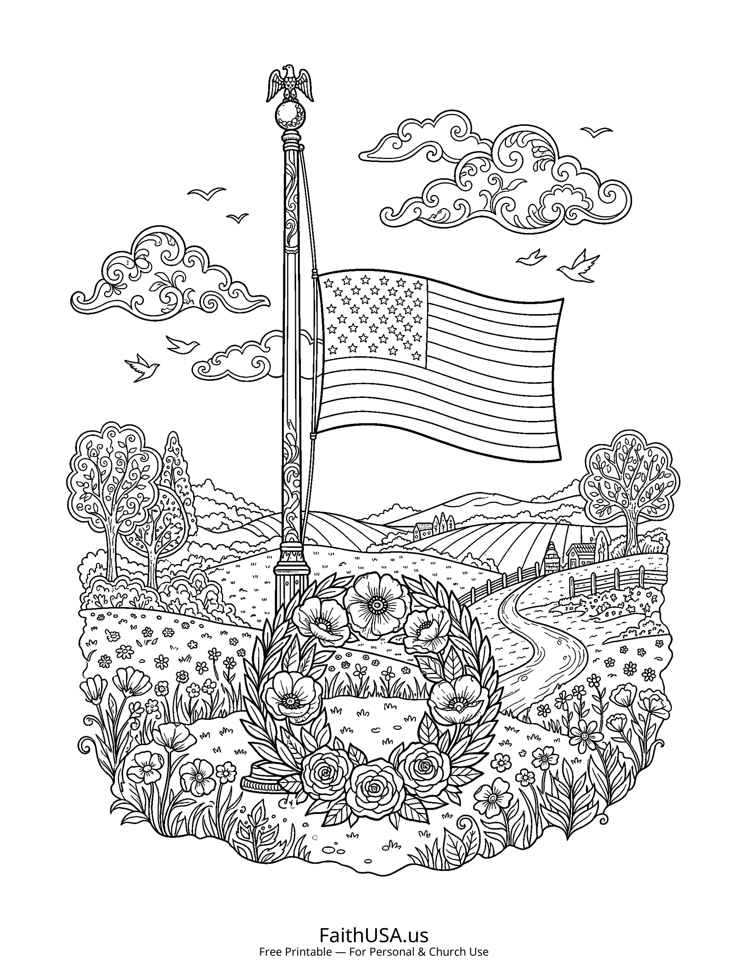 Free printable detailed American flag at half-mast coloring page PDF for Memorial Day and Veterans Day lessons