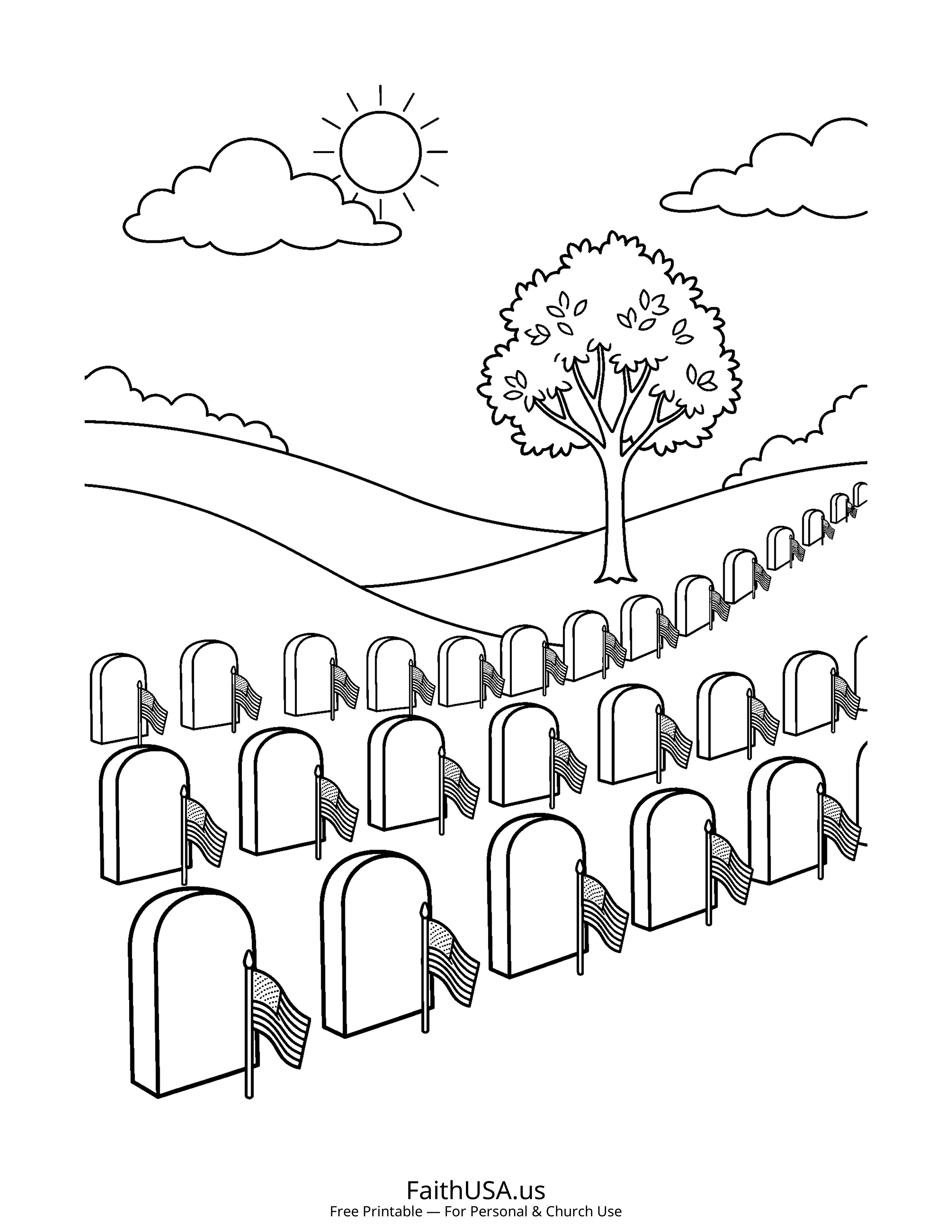 Free printable simple memorial cemetery coloring page PDF for Memorial Day and Veterans Day lessons
