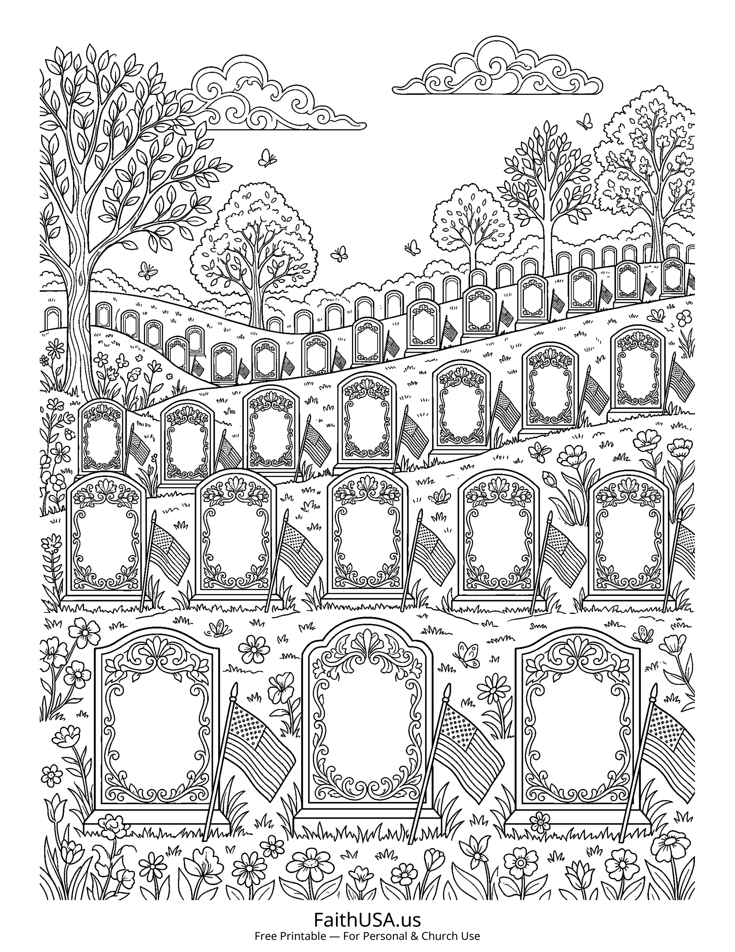 Free printable detailed memorial cemetery coloring page PDF for Memorial Day and Veterans Day lessons