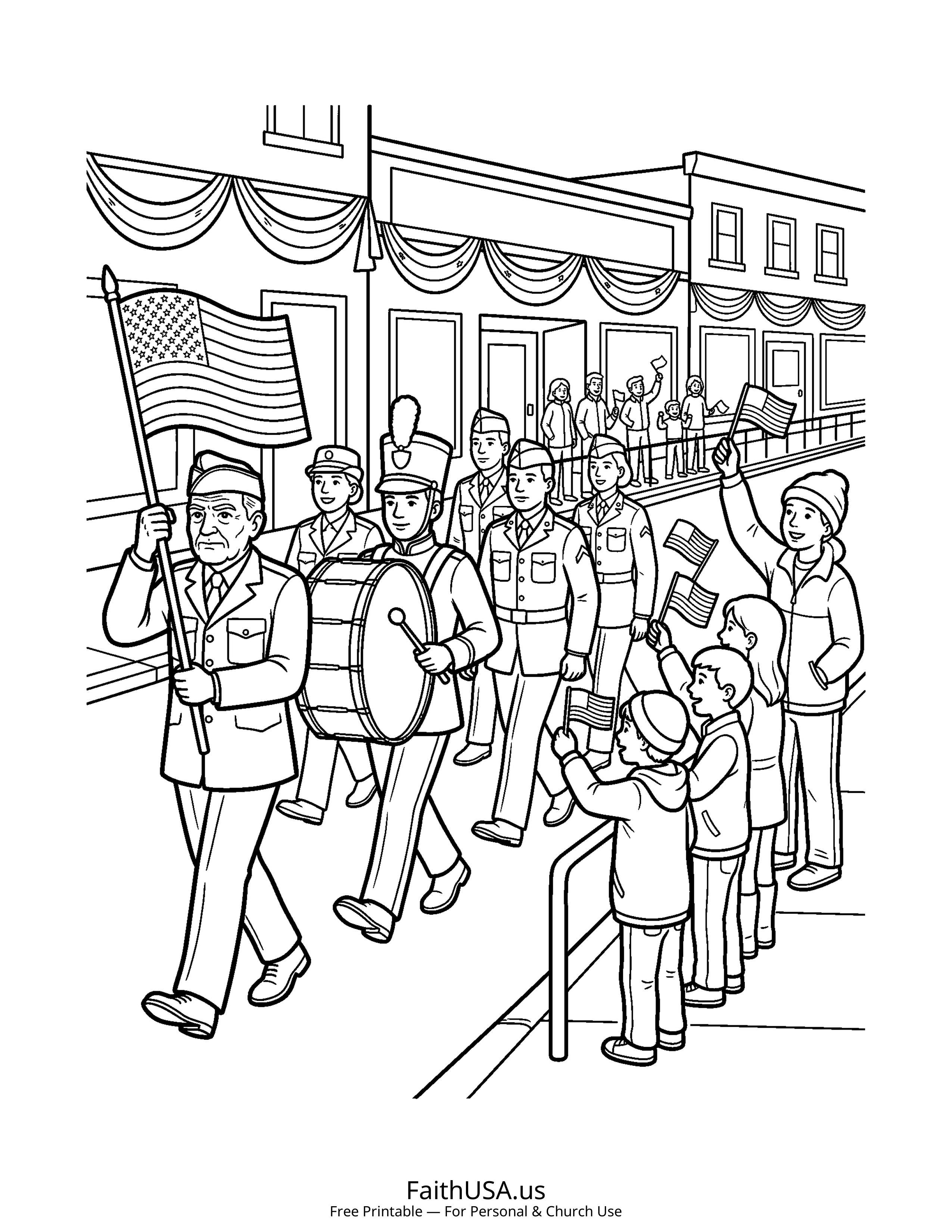 Free printable simple Veterans Day parade coloring page PDF for Veterans Day appreciation lessons