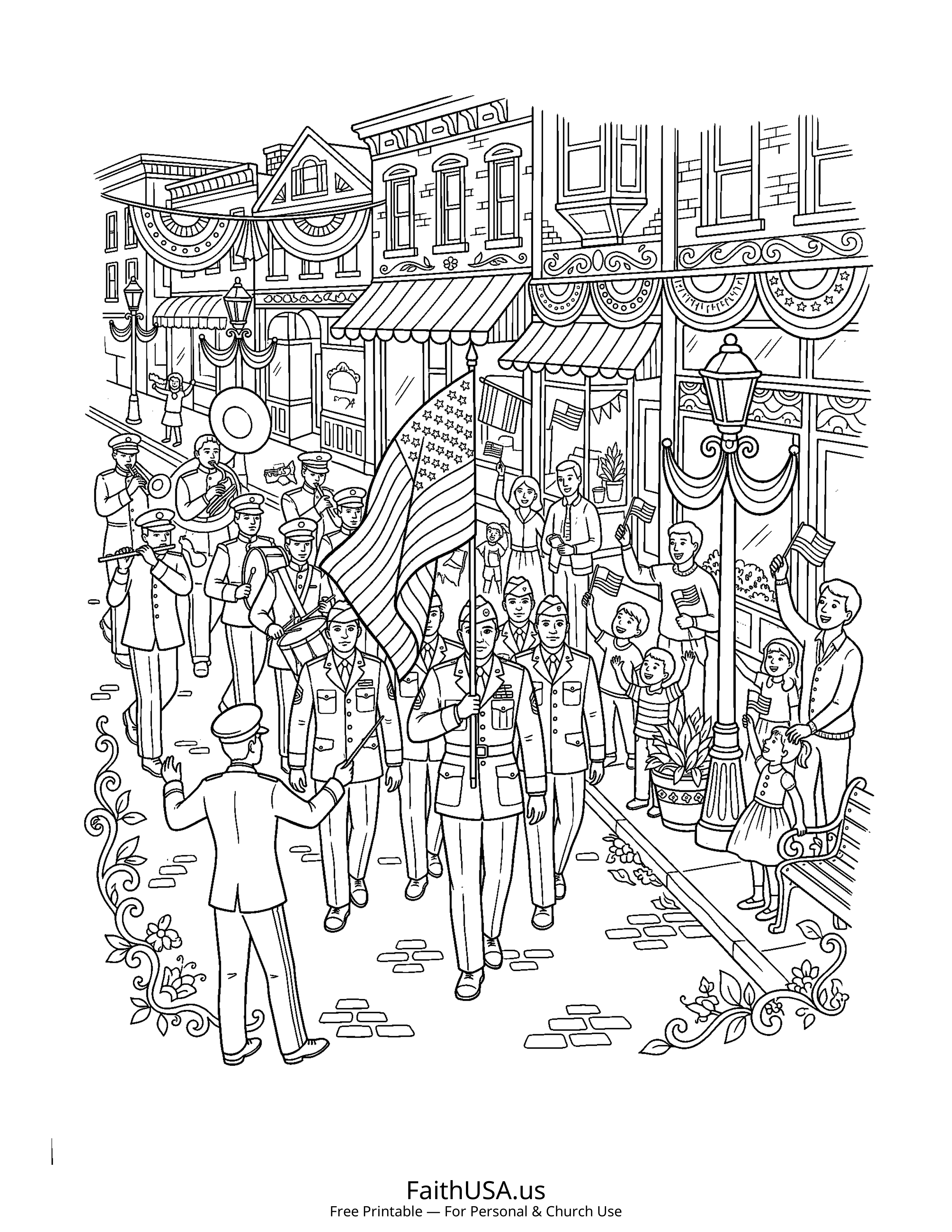 Free printable detailed Veterans Day parade coloring page PDF for Veterans Day appreciation lessons