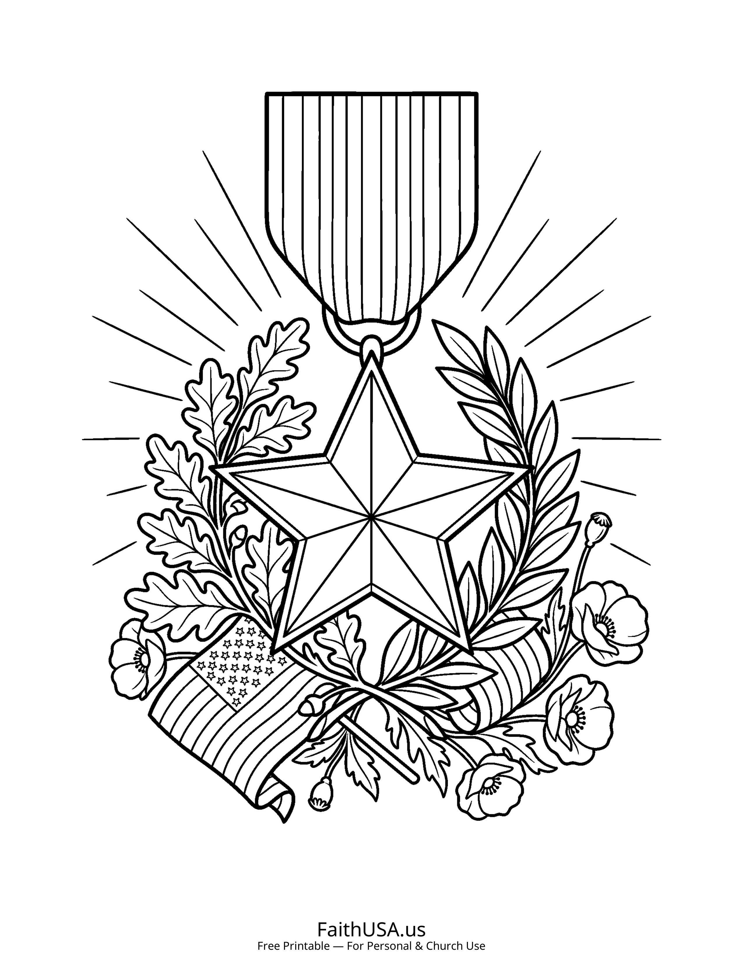 Free printable simple Medal of Honor coloring page PDF for Veterans Day appreciation lessons
