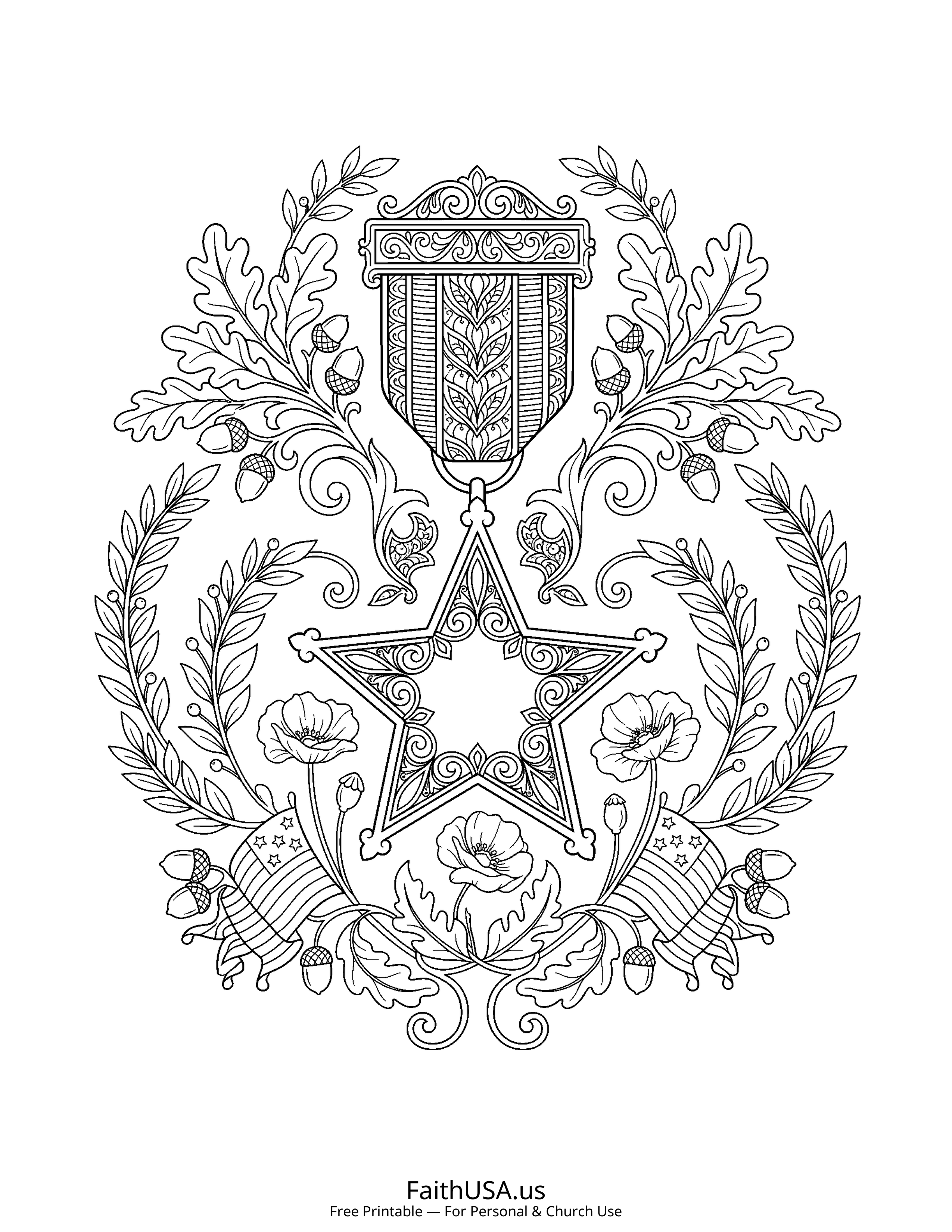 Free printable detailed Medal of Honor coloring page PDF for Veterans Day appreciation lessons