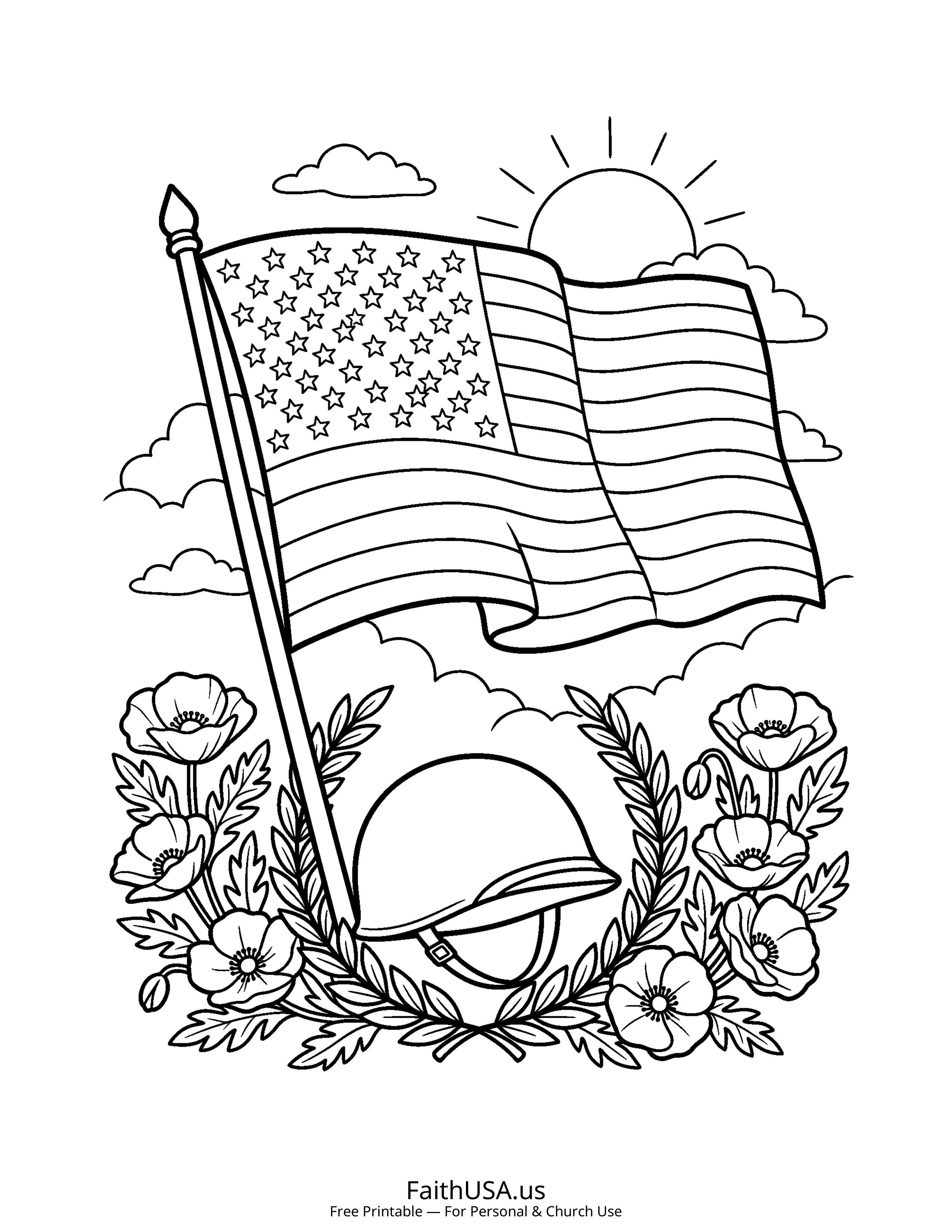 Free printable simple American flag with veteran helmet coloring page PDF for Veterans Day appreciation lessons
