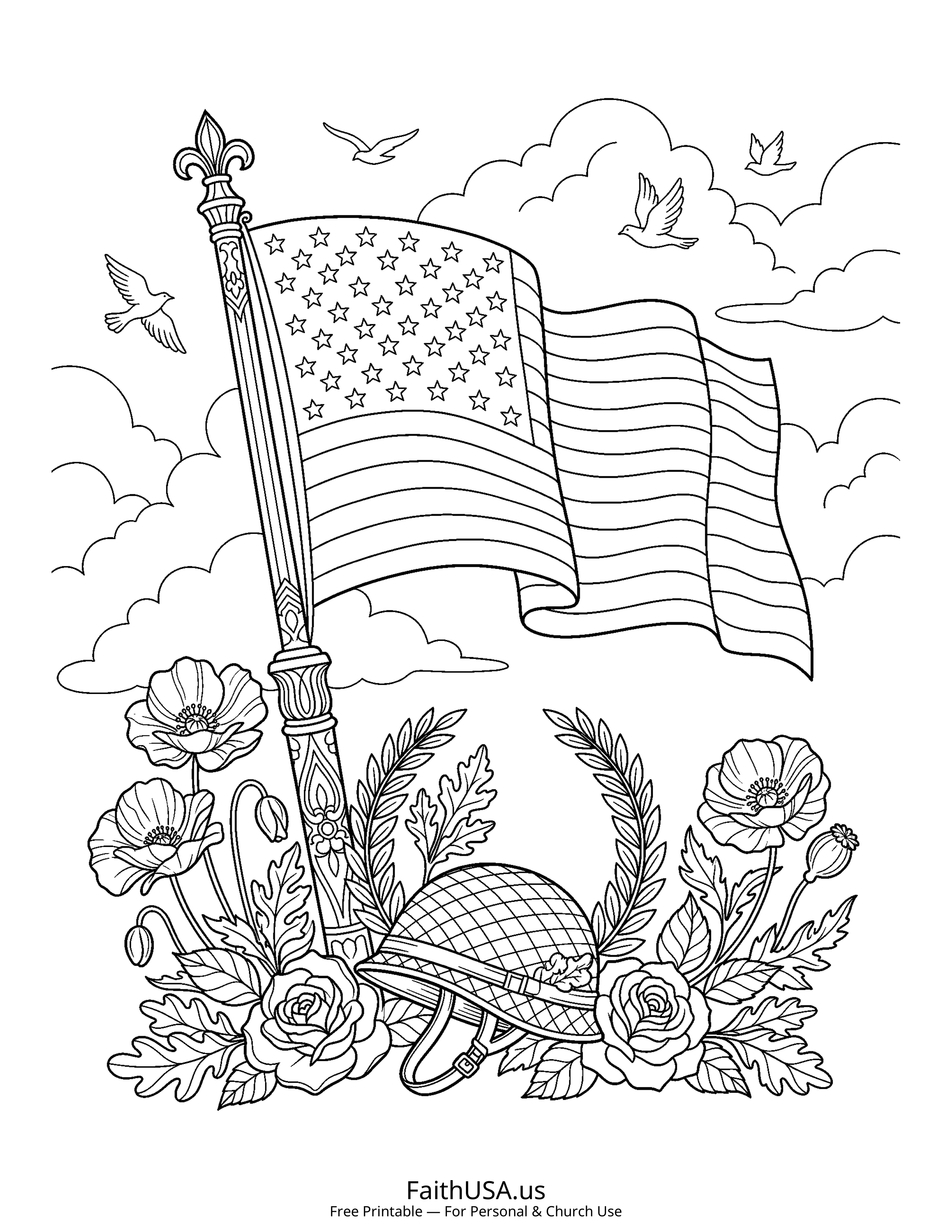 Free printable detailed American flag with veteran helmet coloring page PDF for Veterans Day appreciation lessons